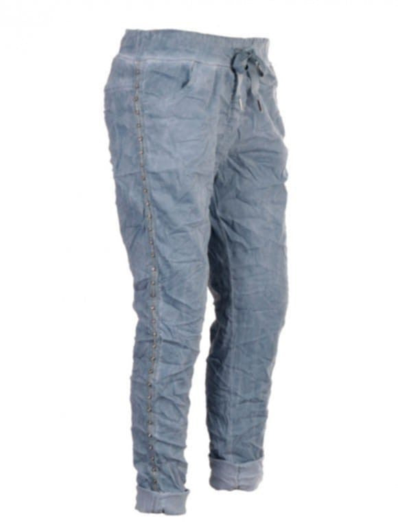 Made in Italy Italian Cold Dye Side Diamante Panel Elasticated Joggers Denim