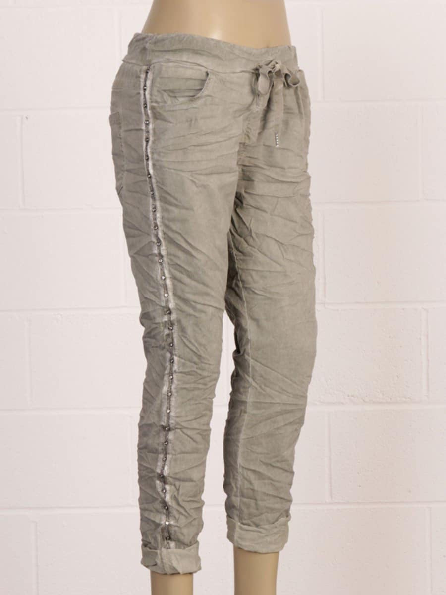 Made in Italy Italian Cold Dye Side Diamante Panel Elasticated Joggers Khaki