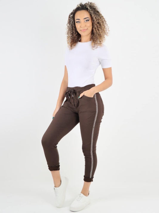 Made in Italy talian Diamante Stripe Elasticated Trousers Chocolate