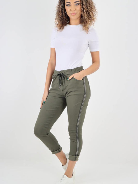 Made in Italy talian Diamante Stripe Elasticated Trousers Khaki